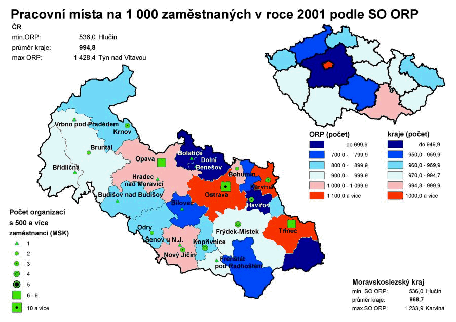 Pracovní místa na 1 000 zaměstnaných v roce 2001 podle správních obvodů ORP